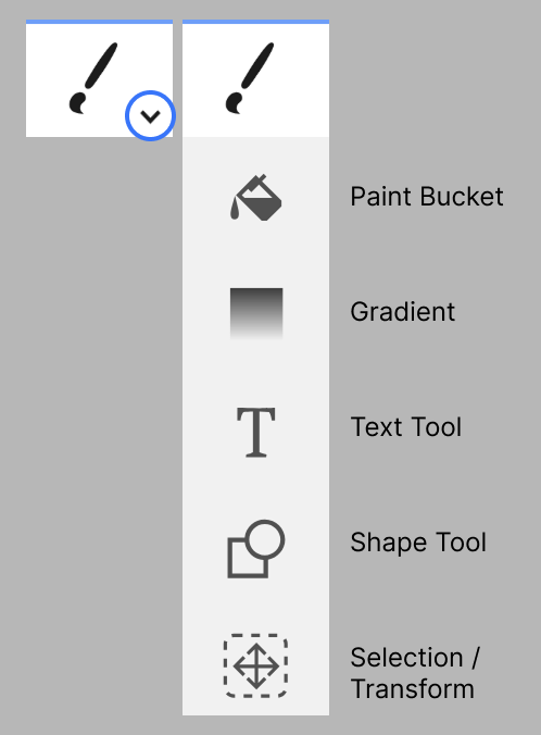 The arrow next to the brush reveals more tools.